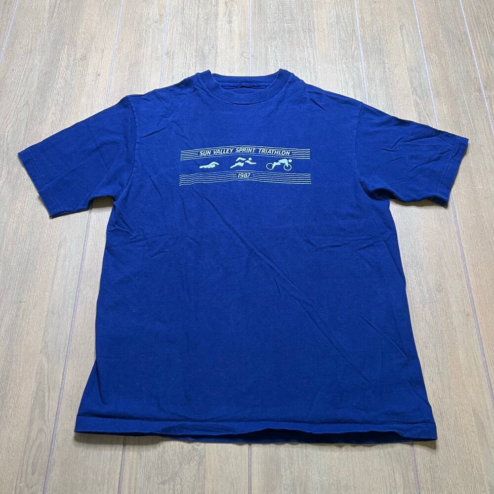 Vintage 80s blue t-shirt Sz S/M commemorates 1987 Sun Valley Sprint Triathlon